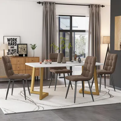 Produktbild von Küchen-/Esszimmer-Set: Moderner rechteckiger Tisch (117×68cm, goldene Beine) + 4 braune Samtstühle