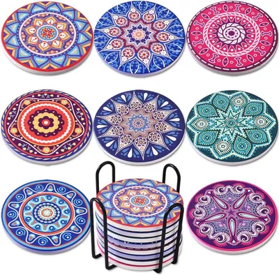 Productafbeelding van Onderzetters voor drankjes - Set van 8 keramische absorberende onderzetters met metalen houder - Mandala-onderzetters voor salontafel