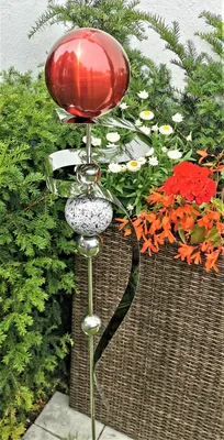Produktbild von Skulptur Saturn Edelstahl rot matt gebürstett 160 cm Gartenstecker Beetstecker Rosenkugel