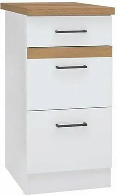 Produktbild von 40 cm Küchenunterschrank - 3 Schubladen + Arbeitsplatte - Glänzendes Weiß