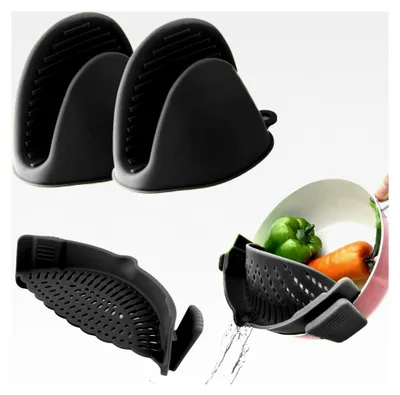 Produktbild von Küchenhelfer Set – Silikon Ofenhandschuhe hitzebeständig & Abgießhilfe – Mini Topfhandschuhe & Abtropfsieb – Für Töpfe, Pfannen, Backofen – Spülmaschinenfest