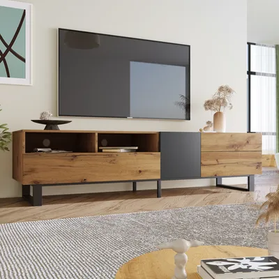 Produktbild von Merax TV-Schrank mit Ablagen, Matt TV-Lowboard Holz Fernsehtisch Lowboard, 50x38x180cm, Eiche