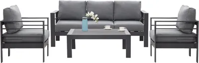 Produktbild von MeXo von GLP HOME Lounge Gartenmöbel 4-Teilige Aluminium Wetterfest für 4-5 Personen, (Gartenlounge Set, Balkonmöbel Set Kleiner Balkon, Essgruppe mit Kissen, 3-Sitzer-Sofa, 2 Sessel, 1 Tisch), Gartengarnitur Sitzgruppe für Terrasse Garten Indoor Outdoor