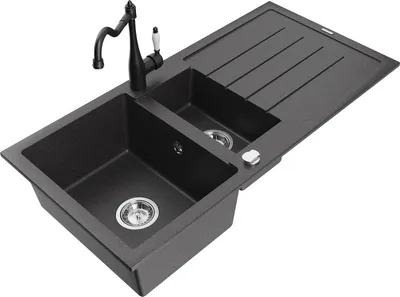 Produktbild von Mexen Andres 1,5-Becken-Granitspüle mit Abtropffläche und Mischbatterie Carla, Schwarz gesprenkelt - 6515-76-670700-70