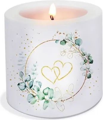 Produktbild von Kerze rund Eucalyptus Hearts white - Herzen um Eukalyptus weiß Ø 8cm, Höhe 7,5cm