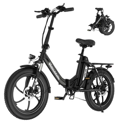 A black folding electric bicycle is shown against a white background. A smaller, folded version of the same bicycle is visible in the upper right corner.