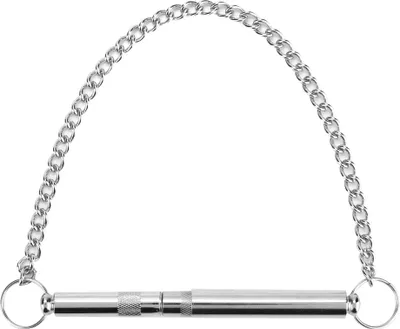 A silver dog whistle with a chain attached, shown against a white background.