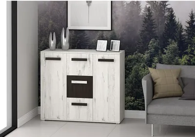 Produktbild von FABRYKA MEBLI IDŹCZAK VIVA Kommode, Craft Eiche/Weiß, modernes Design, 16 mm Laminatplatte, schwarze Holzgriffe, ABS Kante, BxHxT 120x102x42 cm, zum Selbstaufbau