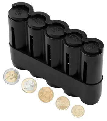 Immagine prodotto di Contenitore per monete con 5 scomparti, in plastica nera, per monete da 2€, 1€, 50 centesimi, 20 centesimi e 10 centesimi