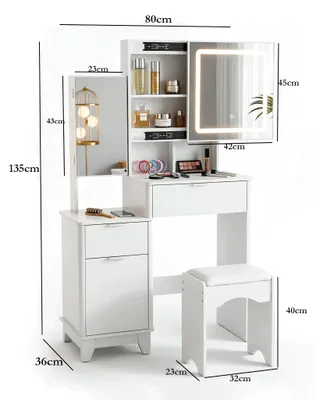 Zdjęcie produktu dla Toaletka – stolik kosmetyczny ze lustrem – oświetlenie LED – 3 regulowane barwy światła – 3 szuflady – otwarta półka – taboret – kolor biały
