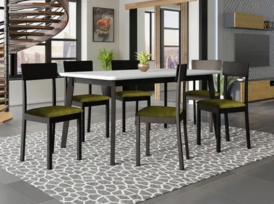 Obrázok produktu pre Rozkladací stôl 160 cm so 6 stoličkami ADELBITE 7 - biely / čierny / tmavý olivový