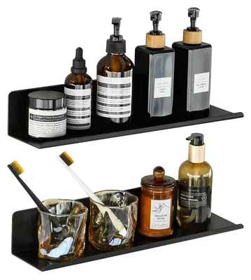 Produktbild von Wandregal, mit oder ohne Bohren, schwarz, 2 Stück, 40 cm, schwebendes Regal, selbstklebend, für Wände, Wohnzimmer, Schlafzimmer, Küche