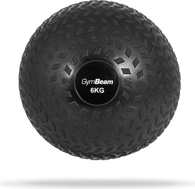 A black slam ball with a textured surface and a circular logo in the center.