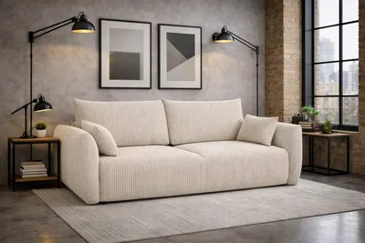 Zdjęcie produktu dla Sofa z funkcją spania i pojemnikiem, tkanina sztruksowa Poso, Beżowy, Zephira