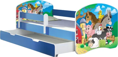A children's bed with a farm animal theme, featuring a pull-out drawer.