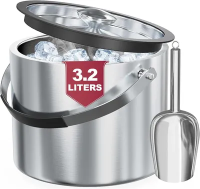 Immagine prodotto di Secchiello per il ghiaccio da 3,2 litri con coperchio - Paletta - Piccolo secchiello isolato in acciaio inossidabile a doppia parete, ideale per cocktail, bar e feste