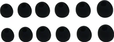 A collection of black silicone earbud tips of varying sizes arranged in two rows.