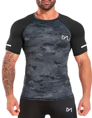 Produktbild von Funktionsshirt Herren Kurzarm Kompressionsshirt Männer Laufshirt Sportshirt mit Rundhalsausschnitt Fitness-Schwarzer Reis Farbe-L