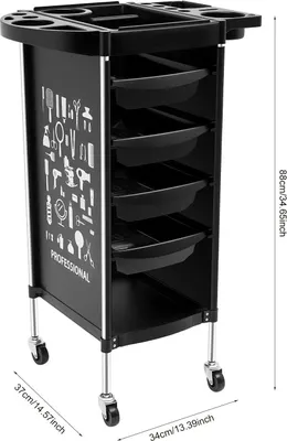 Obrázok produktu pre Kozmetický vozík – salónový vozík so 4 zásuvkami – pojazdný úložný vozík – skladací odkladací priestor – PP plast 37 x 34 x 88 cm – čierny