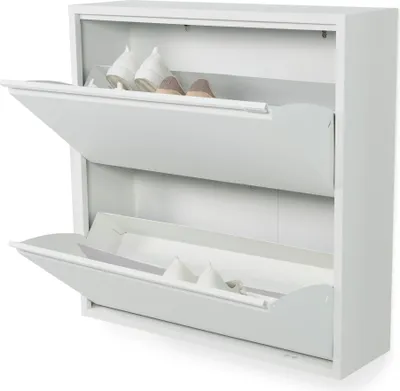 A white shoe cabinet with two open drawers, each containing shoes.