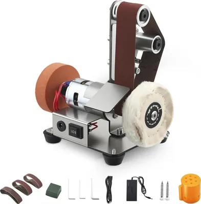 Image de Mini ponceuse - Ponceuse électrique sur table - 3 en 1 - Réglage de la vitesse à 7 niveaux - Affûteuse pour bois et métal - Argent