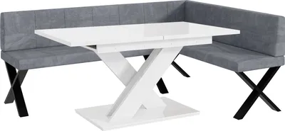 Produktbild von MEBLINI Eckbank für Esszimmer mit ausziehbarem Tisch  - Küchenbank - Essecke - Sitzecke Küche - PETER - X-Beine 142x196x87cm Rechts - Grau Samt/B Weiß Hochgl.