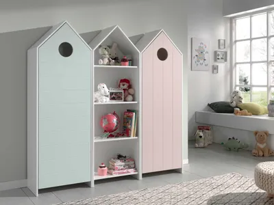 Image de CASAMI Set 3 pcs. composé de : Armoire 1 porte avec façade en rose, armoire à étagères, armoire 1 porte avec façade en menthe