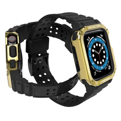 Image de Protect Strap Band with Case pour Apple Watch 7 / 6 / 5 / 4 / 3 / 2 / Se (45 / 44 / 42Mm) Case Armoured Watch Cover Black / Gold