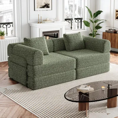 Zdjęcie produktu dla [Opatentowana konstrukcja] Rozkładana sofa typu chenille 2 w 1 z schowkiem w podłokietniku, trzema metalowymi stelażami i wieloma możliwościami konfiguracji, brązowa
