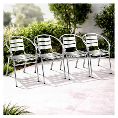 Produktbild von 4 Stück Bistrostühle aus stabilem Aluminium, stapelbar, Gartenstuhl, Campingstuhl, Alustuhl, Balkonmöbel, Gartensitzmöbel, Silber, Küchenstuhl