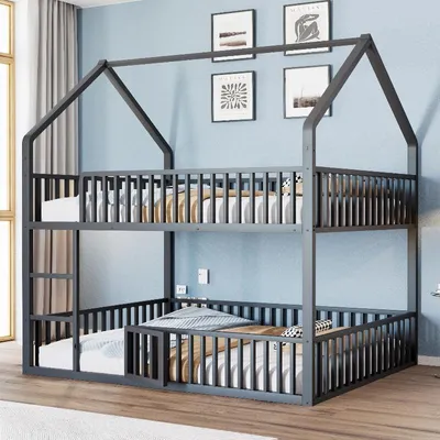 Immagine prodotto di Letto a castello in metallo nero, dimensioni 140x200 cm, con design a forma di casa, dotato di scaletta, sponde di sicurezza e vano inferiore con una piccola porta