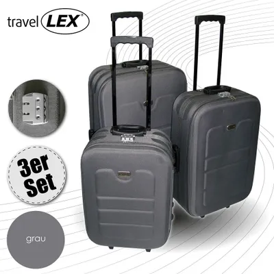 A set of three gray suitcases of varying sizes, displayed on a white and gray background with abstract wavy lines.
