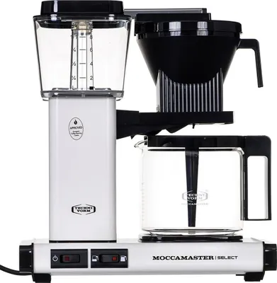 A white and black Moccacoffee machine is shown against a white background.