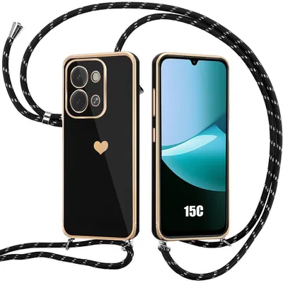 Image de Coque pour Xiaomi Redmi 15C 4G/5G, Protection Silicone Antichoc Motif Cœur avec Bandoulière Noire