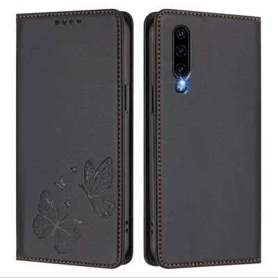 Obrázek produktu pro Kožené pouzdro pro Huawei P30, motýlí ražbou, peněženkové flip pouzdro se stojánkem Černá