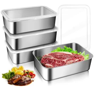 Produktbild von Aufbewahrungsbehälter aus Edelstahl für den Kühlschrank, Lebensmittelbehälter, 4-teiliges Set, Lebensmittelbehälter mit Deckel, Gefrierbehälter, luftdichter, stapelbarer Metallbehälter