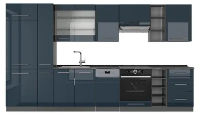 Zdjęcie produktu dla Szafki kuchenne Vicco Fame-Line Ciemnoniebieski wysoki połysk/antracyt 355 cm bez blatu roboczego, Model 49362
