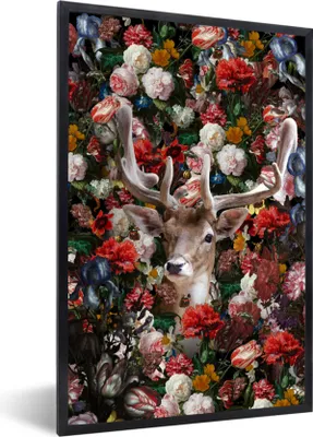 Produktbild von MuchoWow® MuchoWow® Gerahmtes Poster Hirsche - Blumen - Geweihe 40x60 cm - Poster mit zchwarzem Bilderrahmen - Papierdruck - Wandbilder