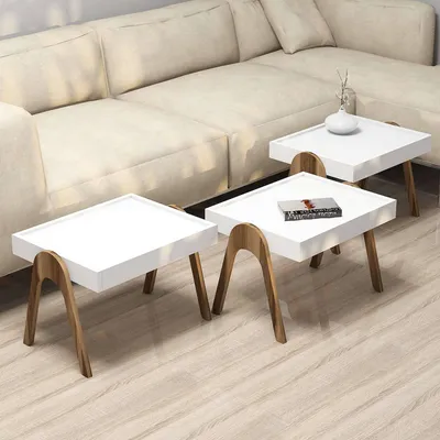 Immagine prodotto di Strembo - Tavolino da Salotto, 54x40x64h cm Bianco Noce, set 3 Pezzi Impilabili