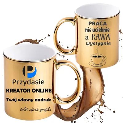 Zdjęcie produktu dla Kubek z dowolnym nadrukiem złoty 330 ml personalizowany ze zdjęciem logo prezent sublimacyjny ceramiczny