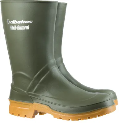 A pair of green rubber boots with brown soles, shown against a white background.