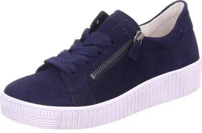 A single blue sneaker with white laces and a white sole is shown against a white background.