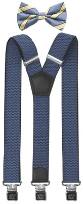 Produktbild von Fabio Farini - 1 Stück mit passender Fliege als Set 4cm Y-Form für Herren Pack Blauen 4cm Hosenträger - Blau/Gelb Gestreiften Fliege