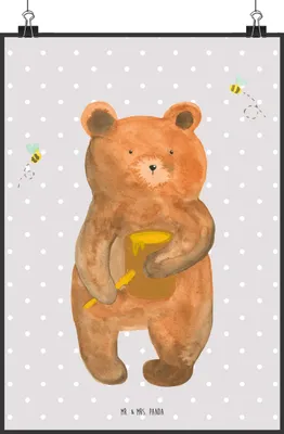Produktbild von Mr. & Mrs. Panda Bild Bär Honig DIN A2 - Grau Pastell - Geschenk, Teddy, drucke, Wandschmuck, Liebe, Wandbild, wanddeko, Freund, Plakat, Partner