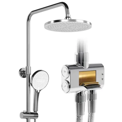 Produktbild von HOROW Duschset, 5 Modi Strahlarten Duschkopf, Regendusche Set Chrom mit Messing Ventilkern, Höhenverstellbar, große 25 cm Kopfbrause Rund