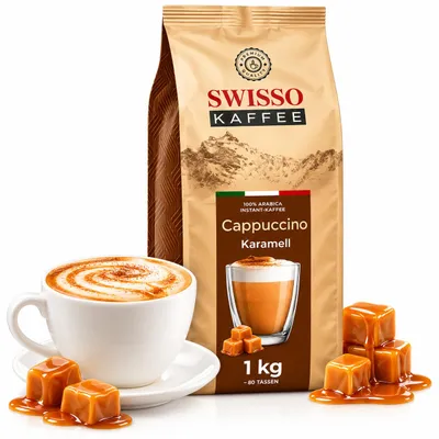 Produktbild von SWISSO KAFFEE Cappuccino Karamell 1 kg Instant Kaffeegetränk Cremig Getränkepulver