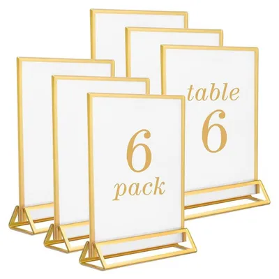 Image de Support pour menu A5 - Porte-menus en acrylique transparent - Bordure dorée - Porte-numéros de table - Lot de 6 - Élégant et raffiné - Porte-menus