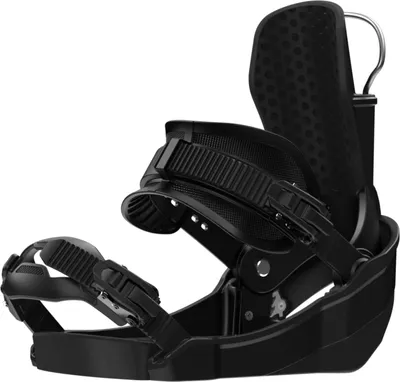 A black snowboard binding shown from the side against a white background.
