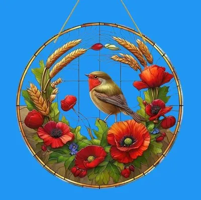 Produktbild von GKA XL Sonnenfänger Vogel mit Mohnblüten 20 cm Buntglas Lichtfänger Fensterbild Fenster Fensterschmuck Fensterdeko Mohn