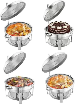 Obrázek produktu pro 4 kusy nerezových ohřívacích nádob o objemu 7,5 litru, sada kulatých ohřívacích talířů, sada chafing dish s háčky na víko a palivem, ohřívací nádoby pro catering, bufety a oslavy